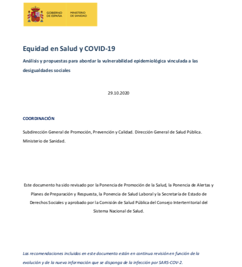 Equidad en Salud y COVID-19. Análisis y propuestas para abordar la vulnerabilidad epidemiológica vinculada a las desigualdades sociales (Ministerio de Sanidad, Gobierno de España, 2020)
