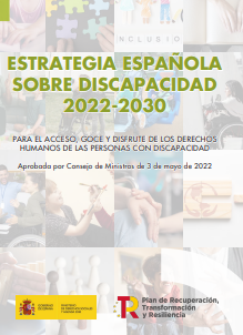 Reproducci&oacute;n parcial de la portada del documento 'Estrategia Espa&ntilde;ola sobre Discapacidad 2022-2030 para el acceso, goce y disfrute de los derechos humanos de las personas con discapacidad'(Ministerio de Derechos Sociales y Agenda 2030, 2022)
