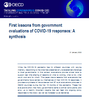 Imagen parcial de la portada del documento  'First lessons from government evaluations of COVID-19 responses: A synthesis. OECD Policy Responses to Coronavirus'  (COVID-19) (OCDE, 2022)