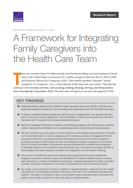 A Framework for Integrating Family Caregivers into the Health Care Team. The COVID-19 impact inquiry report (The Rand Centre for the Study of Aging, 2021)