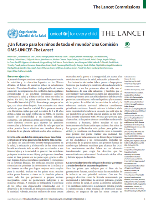 &iquest;Un futuro para los ni&ntilde;os de todo el mundo? Una Comisi&oacute;n OMS-UNICEF-The Lancet (WHO-UNICEF-Lancet Commission, 2020)