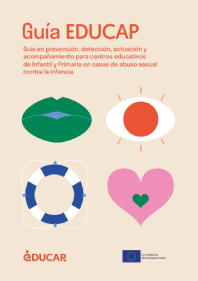 Reproducci&oacute;n total de la portada del documento 'Gu&iacute;a EDUCAP. Gu&iacute;a para la prevenci&oacute;n, detecci&oacute;n, actuaci&oacute;n y acompa&ntilde;amiento frente al abuso sexual infantil en centros educativos de infantil y primaria (Institut de Drets Humans, Universitat de Val&egrave;ncia, 2023)'