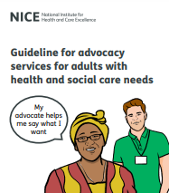 Ondorengo dokumentuaren azalaren erreprodukzio partziala:  'Guideline for advocacy services for adults with health and social care needs' (NICE, 2022)