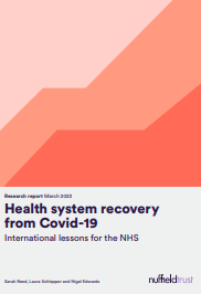 'Health system recovery from Covid-19: International lessons for the NHS' (Nuffield Trust, 2022) dokumentoaren azalaren zati bat erreprodukzioa