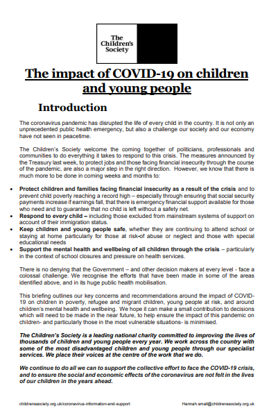 The impact of COVID-19 on children and young people (The Children's Society, 2020)