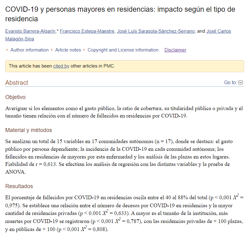 COVID-19 y personas mayores en residencias: impacto según el tipo de residencia (Revista Española de Geriatría y Gerontología, vol. 56, n. 4, 2021)