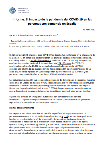Informe: El impacto de la pandemia del COVID-19 en las personas con demencia en Espa&ntilde;a