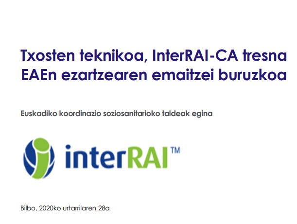 'Txosten teknikoa, InterRAI-CA tresna EAEn ezartzearen emaitzei buruzkoa' dokumentoaren azalaren zati bat erreprodukzioa