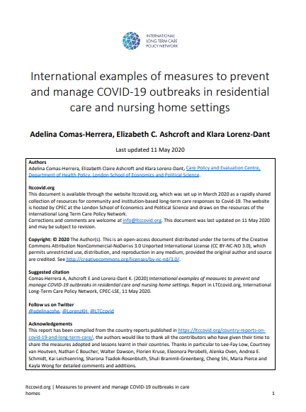 International examples of measures to prevent and manage COVID-19 outbreaks in residential care and nursing home settings