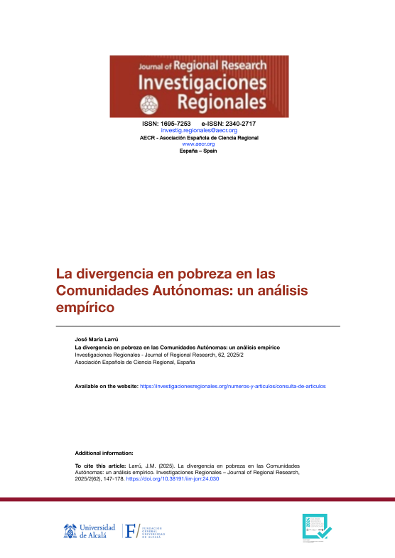 'La divergencia en pobreza en las Comunidades Aut&oacute;nomas: un an&aacute;lisis emp&iacute;rico' dokumentuaren azalaren erreprodukzio osoa