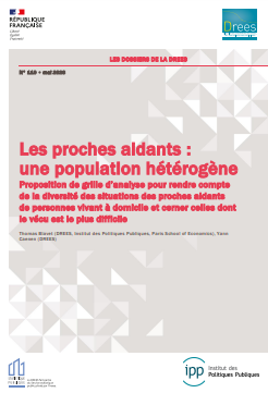 Reproducción parcial de la portada del documento 'Les proches aidants: une population hétérogène. Proposition de grille d'analyse pour rendre compte de la diversité des situations des proches aidants de personnes vivant à domicile et cerner celles dont le vécu est le plus difficile' (Les dossiers de la DREES n° 110, mayo de 2023)