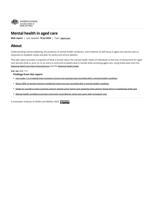 Reproducci&oacute;n total de la portada del documento 'Mental health in aged care (Australian Institute of Health and Welfare, Australian Government 2024)'