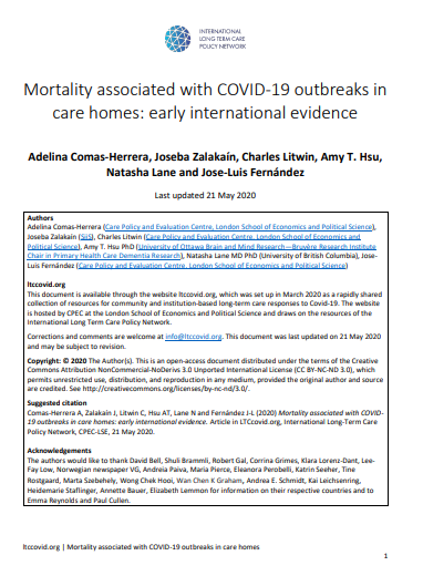 Mortality associated with COVID-19 outbreaks in care homes: early international evidence International Long-Term Care Policy Network (CPEC-LSE, 2020)