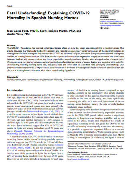 Fatal underfunding? Explaining COVID-19 mortality in Spanish nursing homes. Journal of Aging and Health, online first, 2021
