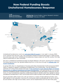 Reproducci&oacute;n total de la portada del documento 'New Federal Funding Boosts Unsheltered Homelessness Response (Homelessness Research Institute, 2024)'