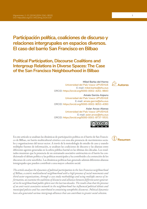 'Participaci&oacute;n pol&iacute;tica, coaliciones de discurso y relaciones intergrupales en espacios diversos. El caso del barrio San Francisco en Bilbao.' Reproducci&oacute;n total de la portada del documento