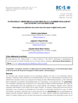 Ondorengo dokumentuaren azalaren erreprodukzio partziala: Patolog&iacute;as y dependencias que provocan las redes sociales en los j&oacute;venes nativos digitales. Revista de Comunicaci&oacute;n y Salud, vol. 13, 2023