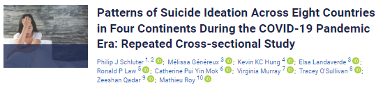 Imagen parcial de la portada del documento 'Patterns of Suicide Ideation Across Eight Countries in Four Continents During the COVID-19 Pandemic Era: Repeated Cross-sectional Study' (JMIR Public Health Surveill 2022;8 (1)