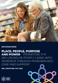 Ondorengo dokumentuaren azalaren erreprodukzio partziala: 'Place, people, purpouse and power -promoting the Wellbeing of people living with dementia through personalized care and support' (Dementia Change Action Network,2022)