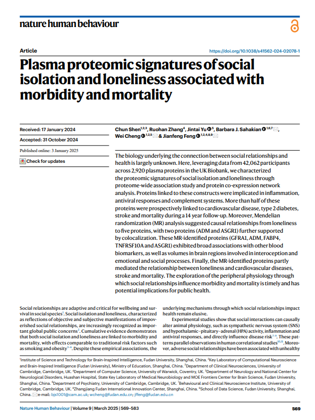 Reproducci&oacute;n total de la portada del documento 'Plasma proteomic signatures of social isolation and loneliness associated with morbidity and mortality'