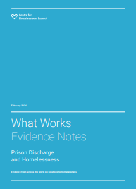 Reproducción parcial de la portada del documento ' Prison discharge and homelessness. Evidence from across the world on solutions to homelessnesss' (Centre for Homelessness Impact, 2024)