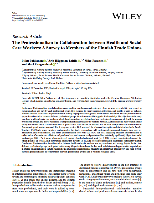 Reproducci&oacute;n total de la portada del documento 'The Professionalism in Collaboration between Health and Social Care Workers: A Survey to Members of the Finnish Trade Unions (Health and Social Care in the Community, Vol. 2024)'