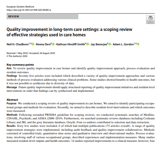 Quality improvement in long term care settings: a scoping review of effective strategies used in care homes (European Geriatric Medicine, 2020)