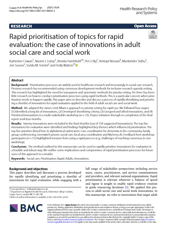 Rapid prioritisation of topics for rapid evaluation: the case of innovations in adult social care and social work (Cowan et al. Health Res Policy Sys (2021)