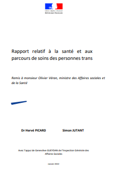 Reproducción parcial de la portada del documento "Rapport relatif à la santé et aux parcours de soins des personnes trans" (Ministerio de Solidadaridad y Salud de Francia, 2022)