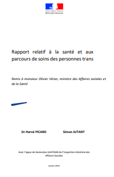 "Rapport relatif &agrave; la sant&eacute; et aux parcours de soins des personnes trans" (Ministerio de Solidadaridad y Salud de Francia, 2022) dokumentoaren azalaren zati bat erreprodukzioa