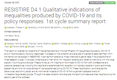 RESISTIRÉ Project. D4.1 Qualitative indications of inequalities produced by COVID-19 and its policy responses. 1st cycle summary report. Örebro University, 2021