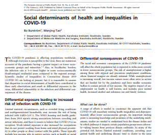 Social determinants of health and inequalities in COVID-19 (European Journal of Public Health, 2020)