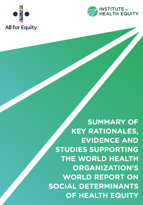Reproducci&oacute;n total de la portada del documento 'Summary of key rationales, evidence and studies supporting the world health organization's world report on social determinants of health equity'
