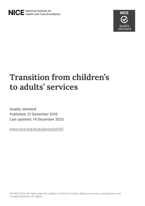 Reproducción parcial de la portada del documento 'Transition from children's to adults' services (National Institute for Health and Care Excellence, última actualización: 2023)'