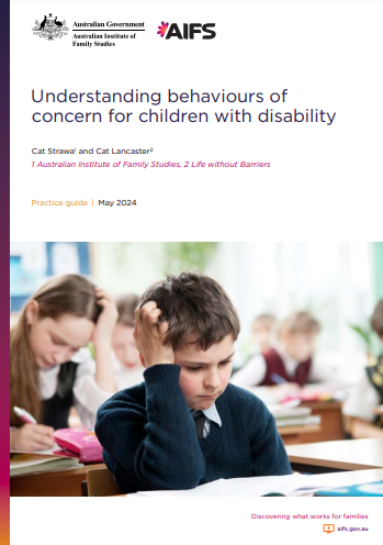Reproducci&oacute;n total de la portada del documento 'Understanding behaviours of concern for children with disability (Australian Institute of Family Studies, 2024)'