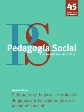 Reproducci&oacute;n total de la portada del documento 'Violencias en la pareja y violencia de g&eacute;nero. Intervenci&oacute;n desde la pedagog&iacute;a social (Pedagog&iacute;a Social. Revista Interuniversitaria, n. 45, 2024)'