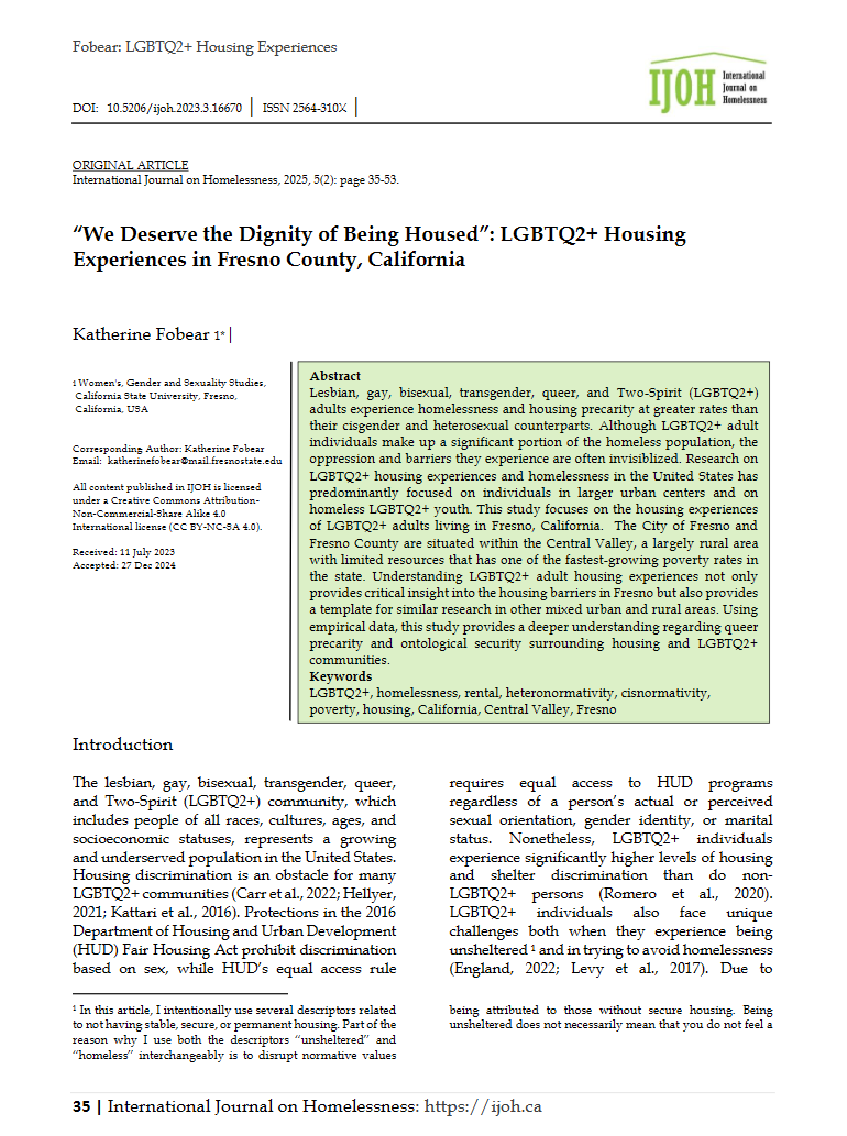 Reproducci&oacute;n total de la portada del documento ''We Deserve the Dignity of Being Housed': LGBTQ2+ Housing Experiences in Fresno County, California.'