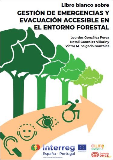 Portada del informe sobre gesti&oacute;n de emergencias y evacuaci&oacute;n accesible, con un dibujo de un bosque con pictogramas