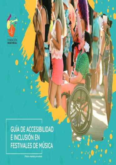 Portada de la gu&iacute;a sobre accesibilidad en m&uacute;sica en vivo, con un grupo de personas en un concierto, una de ellas con una silla de ruedas