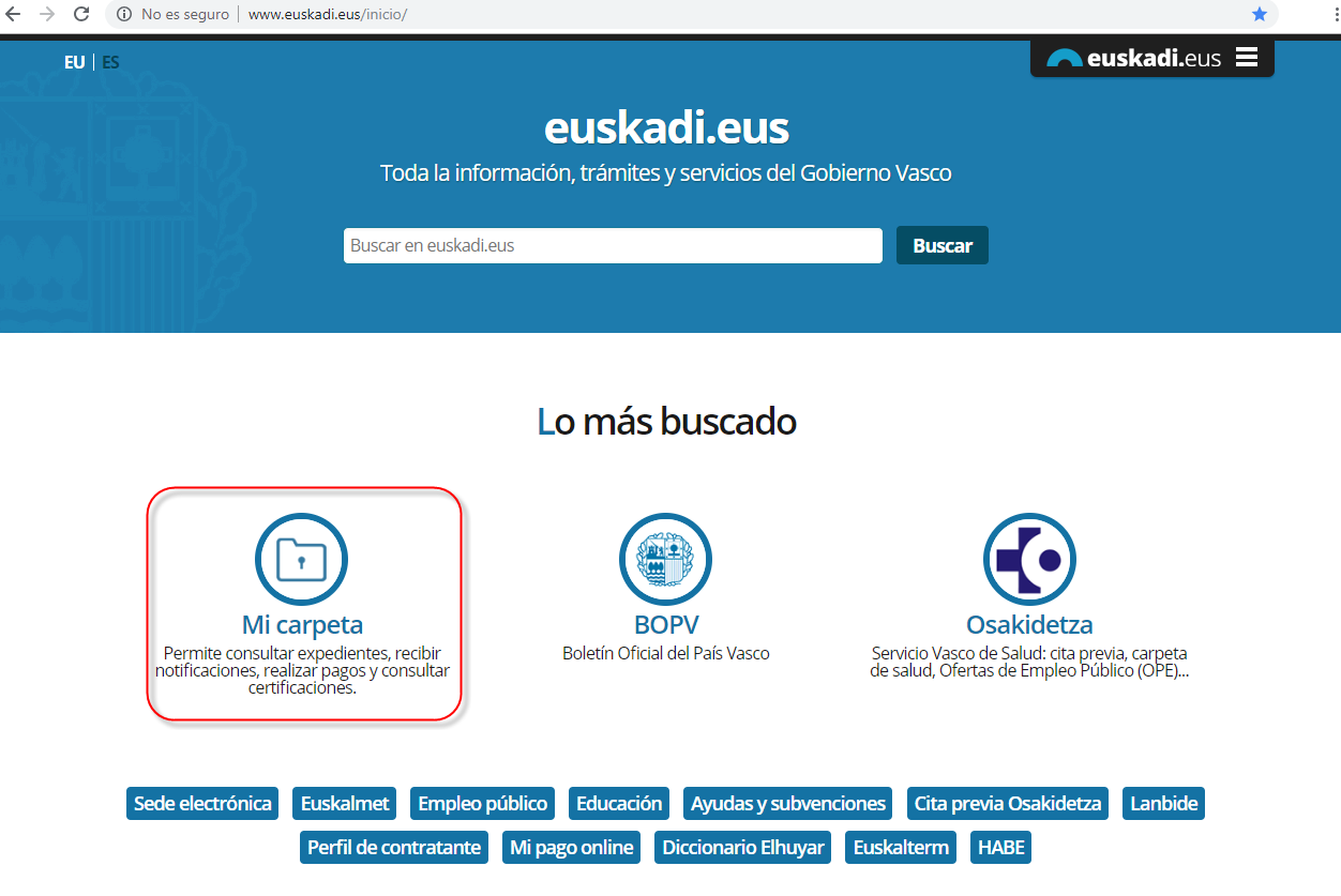 Acceso a la carpeta ciudadana "Mi carpeta" desde la sede electr&oacute;nica del Gobierno Vasco