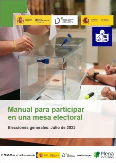 Portada del manual para participar en una mesa electoral. Elecciones generales. Con una persona introduciendo su voto en una mesa electoral