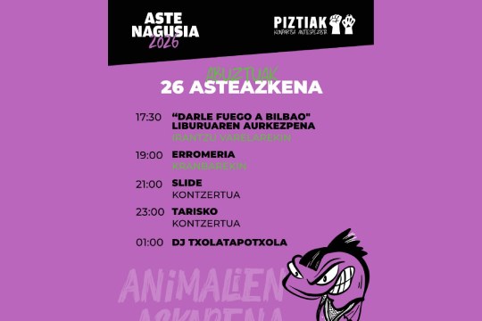 Bilboko Aste Nagusia 2026 (Piztiak Konpartsa): Liburu aurkezpena: "Darle fuego a Bilbao" Bilboko Aste Nagusia 2026 (Piztiak Konpartsa): Liburu aurkezpena: "Darle fuego a Bilbao"