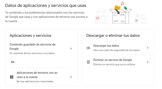 Imagen sobre c&oacute;mo eliminar una cuenta de usuario en Google. Apartado &ldquo;Datos de aplicaciones y servicios que usas&rdquo;. 
