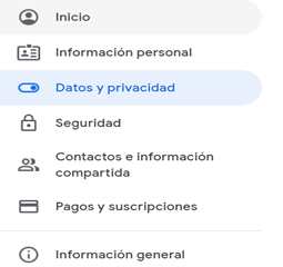 Imagen sobre c&oacute;mo eliminar una cuenta de usuario en Google. Acceder a Datos y privacidad de la cuenta.