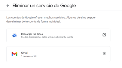 Imagen sobre c&oacute;mo eliminar una cuenta de usuario en Google. Seleccionar &ldquo;Eliminar un servicio de Google&rdquo;.