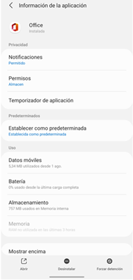 Imagen de los pasos para desinstalar o eliminar aplicaciones en Android 11. Seleccionar la aplicación y pulsar "Desinstalar".