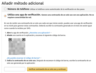 Autentifikazio bikoitzaren faktorea (2FA) aktibatzeko urratsen irudia Amazonen. Autentifikazioa telefono-zenbaki baten bidez egiaztatu nahi den ala ez aukeratu.