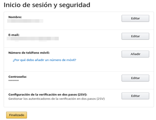 Autentifikazio bikoitzaren faktorea (2FA) aktibatzeko urratsen irudia Amazonen. "Egiaztapenaren konfigurazioa bi urratsetan" eta "Editatu" aukerak hautatu.