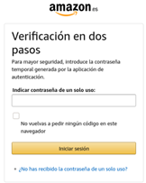 Autentifikazio bikoitzaren faktorea (2FA) aktibatzeko urratsen irudia Amazonen. Amazonen saioa hasten den bakoitzean, app-ak sortutako kodea edo telefono-zenbakira bidalitakoa eskatuko da.