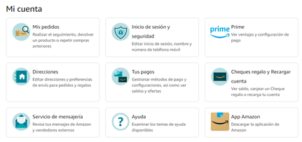 Autentifikazio bikoitzaren faktorea (2FA) aktibatzeko urratsen irudia Amazonen. Amazonen kontuaren barruan, aukeratu "Saio hasiera eta segurtasuna".